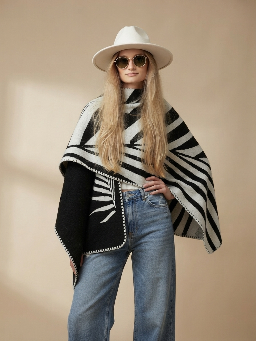 Poncho Natura - Negro y Beige